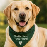 Golden retriever wearing a green bandana that reads 'Healthy Today Happy Forever' sits on grass in a park, smiling at the camera.